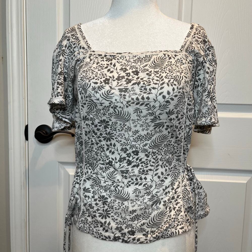Lucky Brand Women Top Small Blouse Floral Square Neck Puff Sleeve Tie Sides